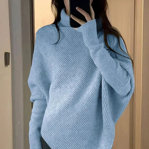 Sweaters - Blue Casual Women's High Neck Batwing Sleeve Sweater